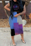 Pink Street Print Patchwork O Neck Sleeveless Two Pieces