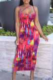 Red Sexy Print Patchwork Spaghetti Strap Pencil Skirt Dresses
