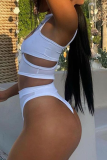 White Sexy Solid Hollowed Out Patchwork O Neck Tops