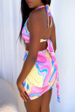 Pink Sexy Print Hollowed Out V Neck Sleeveless Two Pieces