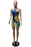 Multicolor Fashion Sexy Print Backless One Shoulder Sleeveless Dress
