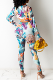 Pink Sexy Print Bandage Turndown Collar Long Sleeve Two Pieces