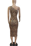 Leopard Print Sexy Print Bandage Hollowed Out Patchwork Oblique Collar Pencil Skirt Dresses