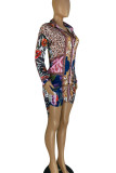 Multicolor Casual Print Patchwork Buckle Turndown Collar Shirt Dress Dresses