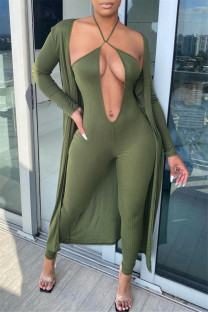 Army Green Fashion Sexy Solid Cardigan V Neck Long Sleeve Two Pieces