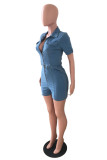 Baby Blue Fashion Casual Solid Pocket Zipper Collar Regular Denim Romper