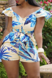 Blue Sexy Print Patchwork V Neck Skinny Rompers