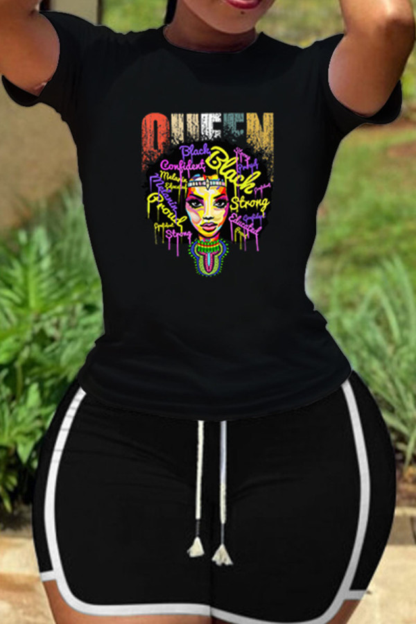 Black Casual Print Patchwork O Neck Short Sleeve Two Pieces