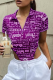 Purple Casual Print Patchwork Turndown Collar Tops