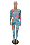 Light Blue Fashion Print Basic O Neck Long Sleeve Two Pieces