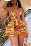 Colour Fashion Casual Print Backless V Neck Regular Romper
