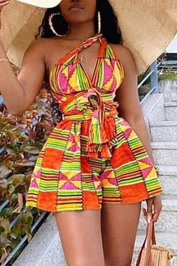 Colour Fashion Casual Print Backless V Neck Regular Romper