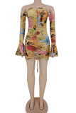 Gold Sexy Print Patchwork Off the Shoulder Pencil Skirt Dresses