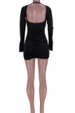 Black Sexy Solid Split Joint Fold U Neck Pencil Skirt Dresses