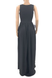 Grey Casual Solid Pocket O Neck Vest Dress