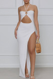 White Sexy Solid Hollowed Out Patchwork High Opening Halter Straight Dresses