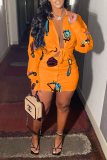 Tangerine Sexy Print Patchwork Turndown Collar Long Sleeve Two Pieces