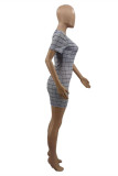 Grey Fashion Casual Plaid Print Basic O Neck Short Sleeve Dress