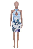 Sky Blue Fashion Sexy Print Backless Halter Sleeveless Dress