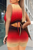 Red Black Sexy Gradual Change Patchwork Draw String Printing V Neck Skinny Rompers