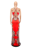 Red Sexy Print Patchwork Spaghetti Strap Straight Dresses