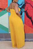 Yellow Casual Solid Patchwork Spaghetti Strap Loose Jumpsuits