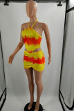 Yellow Sexy Print Hollowed Out Patchwork Halter Pencil Skirt Dresses