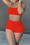 Red Sexy Casual Solid Backless Spaghetti Strap Sleeveless Two Pieces