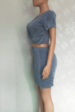 Blue Gray Sexy Solid Split Joint O Neck Short Sleeve Two Pieces
