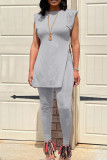Grey Fashion Casual Solid Slit O Neck Sleeveless Two Pieces