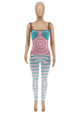 Pink Fashion Sexy Print Backless Square Collar Skinny Jumpsuits