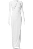 White Sexy Solid Hollowed Out Patchwork High Opening Halter Straight Dresses