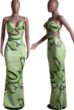 Brown Sexy Print Hollowed Out Spaghetti Strap Trumpet Mermaid Dresses