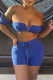 Blue Sexy Solid Split Joint Chains Strapless Short Sleeve Two Pieces