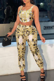 Gold Sexy Casual Print Backless Spaghetti Strap Sleeveless Two Pieces