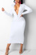 White Sexy Solid Patchwork Fold V Neck Pencil Skirt Dresses