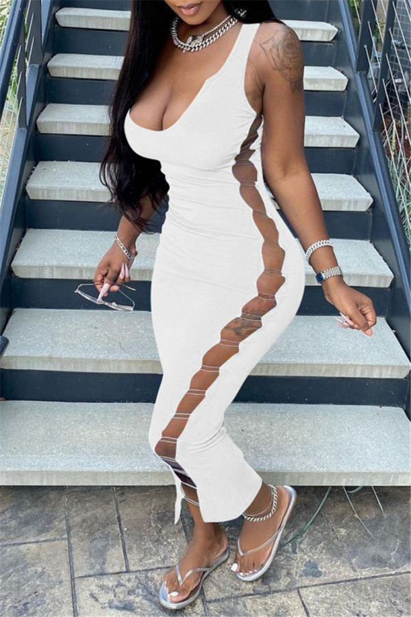 White Fashion Sexy Solid Hollowed Out U Neck Vest Dress