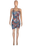 Light Blue Fashion Sexy Print Backless Fold Spaghetti Strap Sleeveless Dress