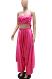Rose Red Casual Solid Bandage Patchwork Backless Strapless Sleeveless Two Pieces