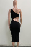 Red Sexy Solid Hollowed Out Patchwork Oblique Collar Pencil Skirt Dresses