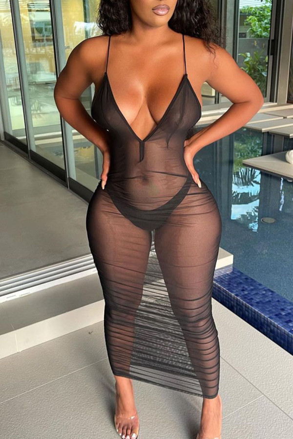Black Sexy Solid Patchwork See-through Spaghetti Strap Straight Dresses （Without Underwear）