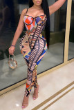 Red Sexy Print Patchwork See-through Spaghetti Strap Sleeveless Two Pieces