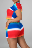 Rainbow Color Casual Striped Patchwork O Neck Short Sleeve Two Pieces