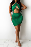 Red Fashion Sexy Solid Hollowed Out Backless Halter Sleeveless Dress