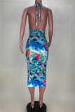 Blue Sexy Print Tie Dye Backless Strap Design Halter Sleeveless Dress