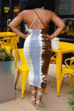 Yellow And Blue Sexy Print Patchwork Spaghetti Strap Pencil Skirt Dresses