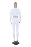 White Sexy Solid Ripped O Neck Long Sleeve Two Pieces