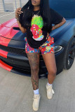 Black Fashion Casual Print Basic O Neck Short Sleeve Two Pieces
