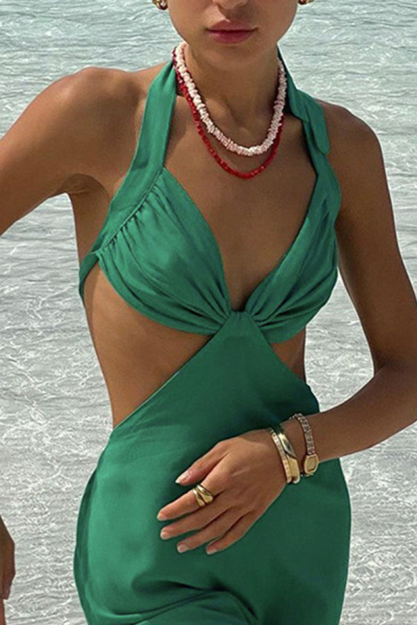 Green Sexy Solid Bandage Hollowed Out Patchwork Asymmetrical Halter A Line Dresses