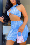 Blue Sexy Print Hollowed Out Patchwork Asymmetrical Halter Sleeveless Two Pieces